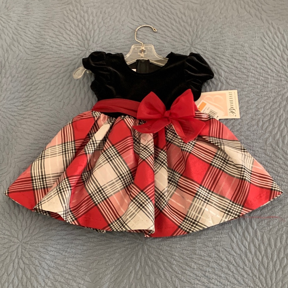 Bonnie Baby Red and Black Tartan Plaid Dress with Bow